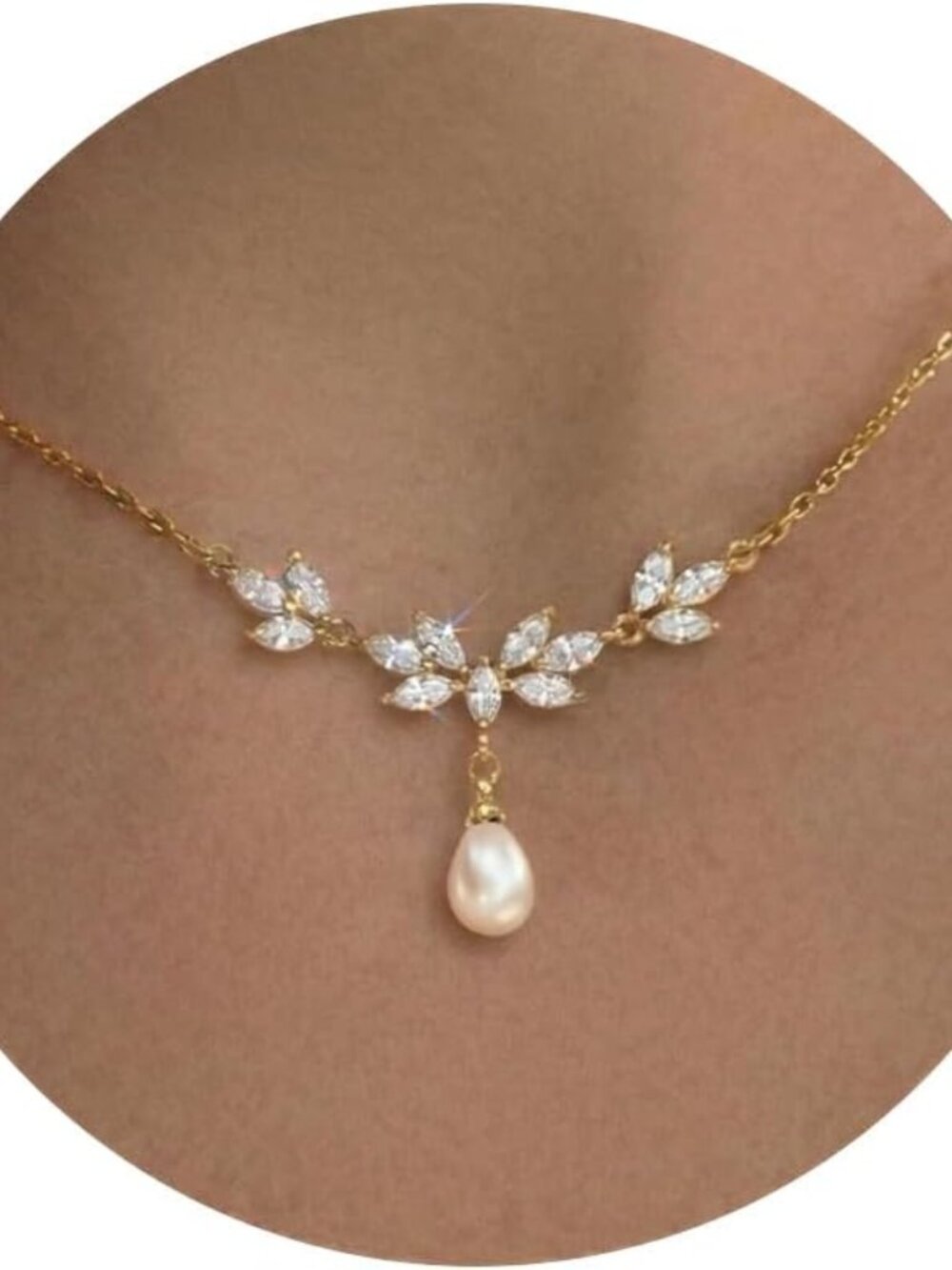 Pearl Necklace - 14K Gold Plated Cubic Zirconia Accented Elegant Pearl Necklace
